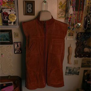 Leather Suede Zip Up Vest Women's Large Burnt Orange Sleeveless Pockets